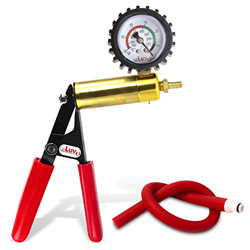LeLuv Ultima Red Vacuum Pump - Aluminum Alloy &amp; Brass Handle Manual Hand Vacuum (0-30 Hg, 0-760 mmHg), Gauge Installed with Protective Rubber Cover, Rubber Padded Grips with Silicone Hose &amp; Fitting