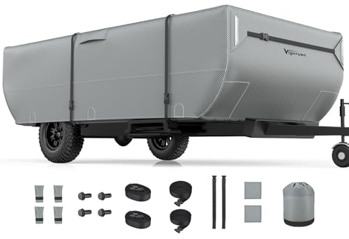 VIGORVAN Pop Up Folding Camper Cover Fits 10'-12' Trailers, Upgraded 7 Layers Top Tent Trailer Cover, Anti-UV & Waterproof Folding Trailer Cover with Windproof Straps