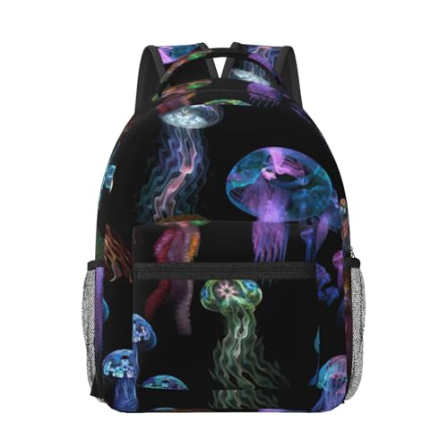 Sac à dos pour ordinateur portable noir à imprimé méduses colorées, taille unique pour le voyage