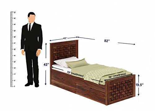 Image of WOODLAB Furniture Niwar Single Size Bed with Drawer Storage Wooden Single Cot Bed Palang for Bedroom Home (Honey Finish)