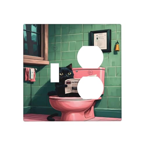 Decorative Outlet Covers Funny Black Cat Newspaper Pink Toilet 2 Gang Wall Plate Cover Single Toggle Duplex Combo Two Switch Light Switch Cover Plate Jumbo Faceplate