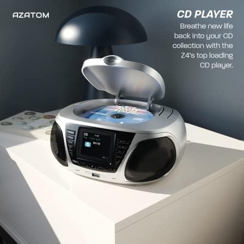DAB DAB+ CD playe, FM Radio, Wireles Bluetooth, Stereo Speaker System, Clock, USB player (AZATOM Zenith Z4 Silver)