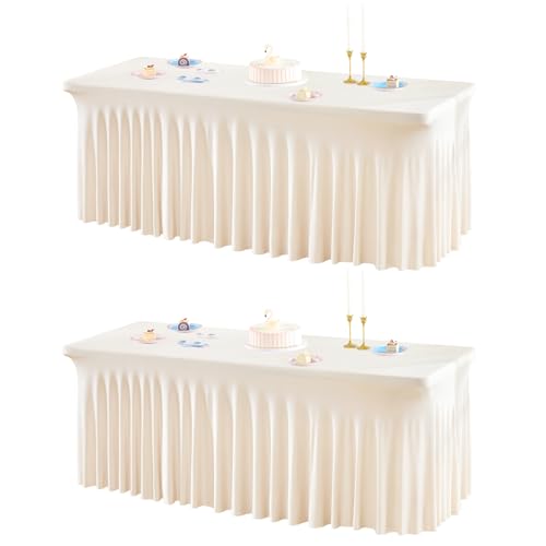 2 Packs Ivory Spandex Tableclothes for 6 Foot Rectangle Tables, Wrinkle Free 6ft Fitted Table Cover Stretch Table Cloth Desk Skirt for Weddings Baby Shower Birthday Party Banquet Decorations by Party Talk - Used condition - US$36.58
