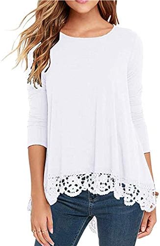 Women's Tops Long Sleeve Lace Trim O-Neck A-Line Tunic Blouse Tops for Women