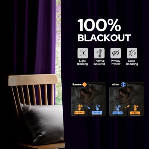 HOMEIDEAS 100% Blackout Faux Silk Curtains,Purple Thermal Insulated Room Darkening Window Drapes,Luxury Vintage Curtains for Bedroom Living Dining Room, 52 X 84 Inch, 2 Panels — view 3