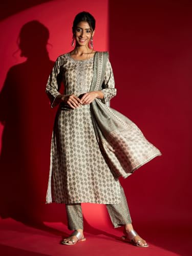 Image of Naixa Women's Pure Muslin Printed and Embroidered Straight Kurta with Pant and Dupatta Set (R-Taniya)