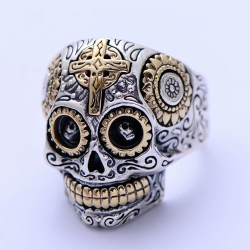 Real 925 Sterling Silver Mexican Sugar Skull Head Ring Golden Eye Cross Punk Gothic Biker Jewelry for Men Women Size 8-134