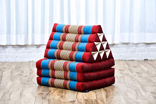 Image of Leewadee - Comfortable Japanese Floor Mattress Used As Thai Floor Bed with Triangle Cushion, Futon Mattress Or Thai Massage Mat, 67 x 21 inches, Blue Red