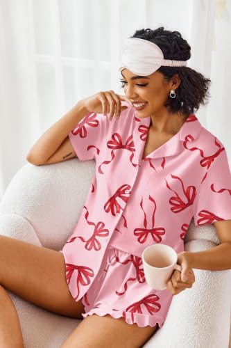 Image of Ekouaer Pajamas Set for Women Short Sleeve Sleepwear Button Down Ruffle Pjs