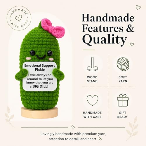 Image of Emotional Support Pickle Crochet with Stand. Handmade Positive Pickle Gift for Women, Friends, Family, Co Workers. Birthday Gifts. Best Friends (Pink Support Pickle)