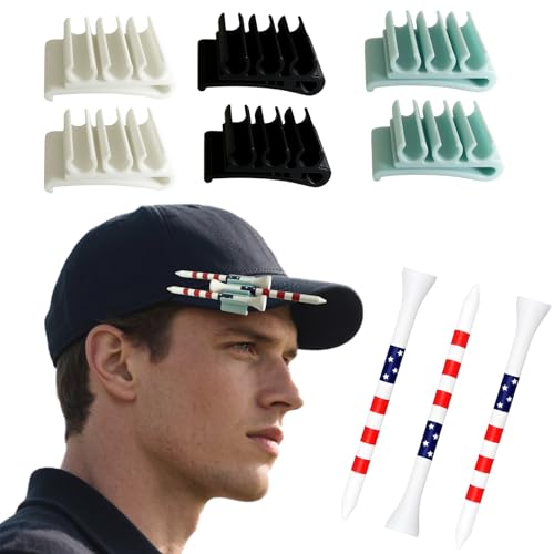 Josuyofo 6 PCS Hat Clip Golf Tee Holder (with 3pc Tee) Golf Tee Holder Hat Clips Fits Hat Brim & Visor - Stores 3 Golf Tees for Quick Access (Black+White+Blue)