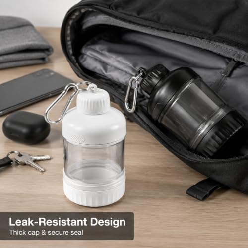CUMQNEXRAT 2 Pcs Protein Powder Container with Carabiner, Portable Keychain Protein Shaker Bottle, Leakproof Protein Powder Travel Container for Workout, Travel, Kitchen & Camping (Black/White) - 5