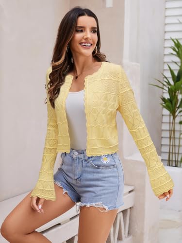 Image of FAIRY SEASON Women's Cropped Cardigan Sweater, Openwork Hollow Knit Shrug | Bell Sleeve, Versatile Outerwear to Match Dresses for Daily Outings, Dinner Dates and Casual Evening Occasions