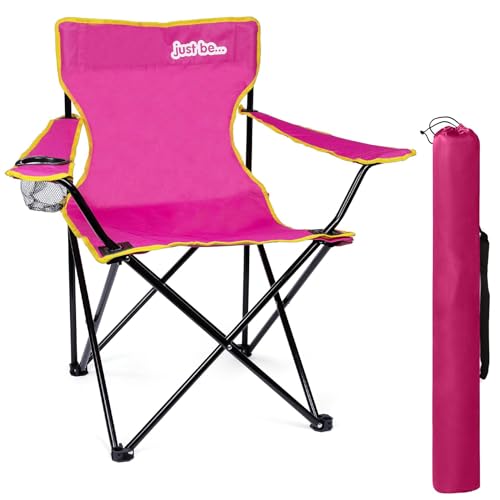 just be... Camping Chair – Lightweight, Foldable & Portable Outdoor Seat with Armrests, Cup Holder & Carry Bag | For Adults & Kids | Garden, Beach, BBQ & Fishing – Dark Pink with Yellow Trim