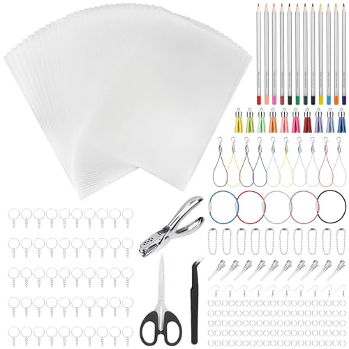 Thrilez 250 Pieces Shrinky Plastic Sheets Keychain kit, Including Shrinky Paper, Colored Pencils, Tassels, Keychain Rings, Hair Clips, Earring Hooks, Hole Punch for Creative Crafts