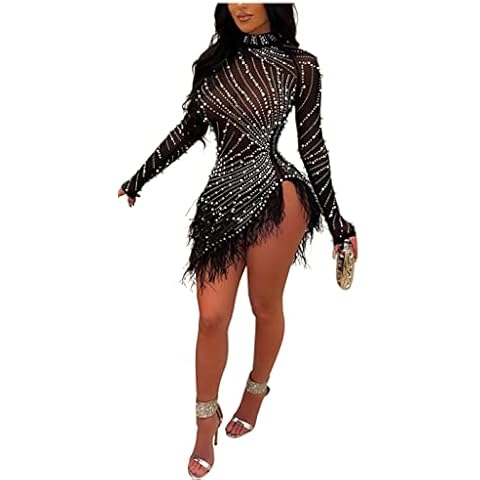 ENOPINK Sexy Dresses for Women Clubwear Mesh See Through Rhinestone Bodycon Long Sleeve Mini Dress Cocktail Black L Cover