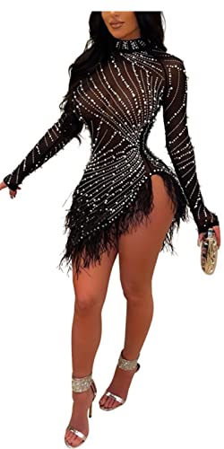 ENOPINK Women Sexy Rhinestone Feather Dress Mesh Sheer Bodycon Long Sleeve Mini Dresses Birthday Outfits Clubwear