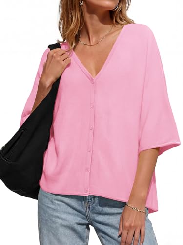 Image of Saodimallsu Womens V Neck Half Sleeve Cardigan Sweaters Summer Knit Tops | Oversized Fit, Button Down, Batwing Sleeve, Soft Lightweight Knitted Fabric, Trendy Casual Style, Summer Fall Outfits