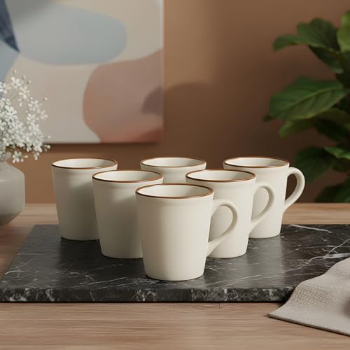 Image of miah decor Stoneware Coffee Mugs Set of 6 (320 ml Each) | Ceramic Tea Cups | Off-White Ribbed Mugs with Brown Rim | Microwave, Oven & Dishwasher Safe | Coffee, Tea, Milk Mugs