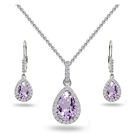 B. BRILLIANT Sterling Silver Amethyst & White Topaz Teardrop Dangling Necklace & Leverback Drop Dangle Earrings Jewelry Set for Women with Gift Box Cover