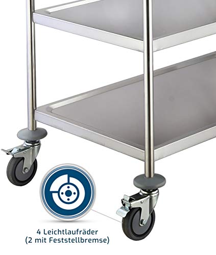 Foto von Saro Transportwagen/Servierwagen mit 3 Borde – Edelstahl – Traglast 80 kg – 4 Rollen (2 mit Bremse) – 86×54×94 cm – Für Gastronomie & Service – Modell Bastian