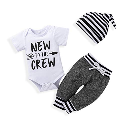 Newborn Baby Boy Clothes New Crew Cute Typeface Romper Short Sleeves+Striped Pants+ Hat 3PCS Outfits Set(Newborn Size)