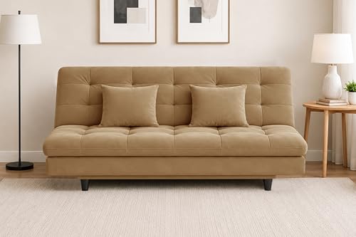 Image of Modern Foldable 3-Seater Futon Sofa Bed with Tufted Sleeper Couch Sofa with Adjustable Backrest- Living Room Furniture-Golden