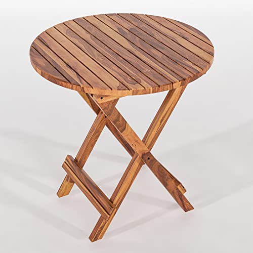 Image of Sheesham Wooden Portable Foldable 2 Seater Chair with Table Set Outdoor Balcony Garden Coffee Table Set Furniture with 1 Table and 2 Chairs Set (Brown with Blue Cushion)