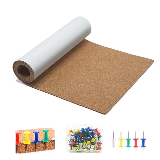 Self-Adhesive Backed Cork Roll £¬ Cork Board Sheet Paper Roll £¬Cork Shelf Liner for Walls Office, Home, School 12 x 48 inches 60 Push Pins