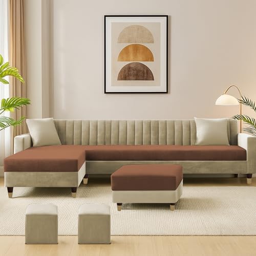 Image of Casaliving Garcia LHS 8 Seater L Shape Sofa Set with Ottoman & 2 Puffy for Living Room (Cream Brown Colour) Premium Fabric Sofa Set