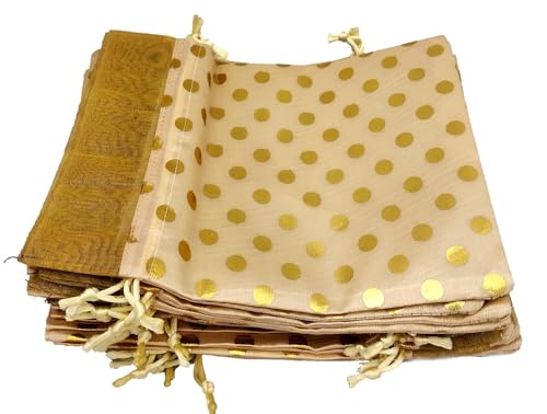 Image of 3A Featuretail 13CM X 18CM Small Drawstring Bags Pouches Potli for Gift Wedding Jewelry Packaging Bridal Party Favors for Women (15pc Pack, Cream Color Golden Polka Dot)