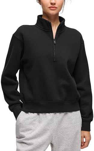 CRZ YOGA Fleece Gefüttert Half Zip Sweatshirt | Mittelschwer, Casual, Weich, Atmungsaktiv, Baumwolle, Warm, Funnel Neck, Pullover, Sweatshirt für Damen