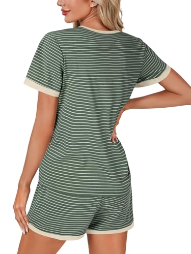 Image of LYANER Pajama Set for Women 2 Piece Lounge Set Striped Crew neck Short Sleeve Tops and Shorts Soft Sleepwear