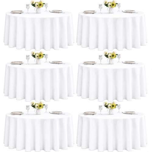 Image of 6-Pack Round 90-inch White Table Cloths, Solid Stain and Wrinkle Resistant Circular Tablecloth, Premium Plain Weave Polyester Fabric Table Linen Covers for Hotel, Banquet