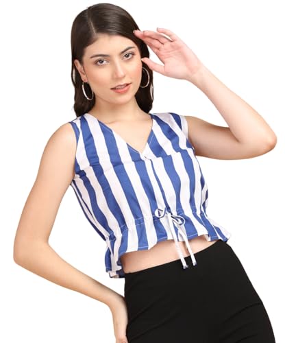 Image of POPWINGS Women Casual Bue & White Stripe Printed Crop Top