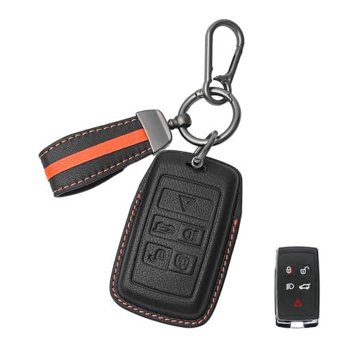 Image of Keyzone Royal Leather Key Cover for XF XJ XE F-PACE F-Type Evoque Velar Discovery LR4 Sport 5 Button smart Key (Black)