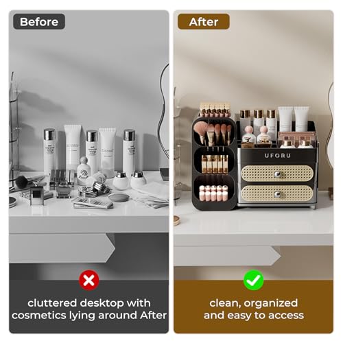 Image of UFORU Makeup Organizer for Vanity with Brush Holder, Large Capacity Bathroom Countertop Skincare Organizer with 2 Drawers, Cosmetic Display Case for Perfumes, Eyeshadow Palettes, Nail Polishes