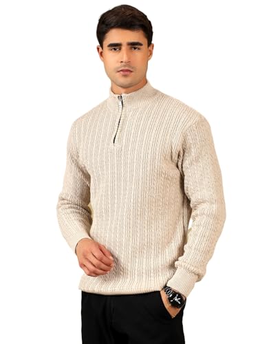 Image of Kvetoo Men's Full Sleeve High Neck Zipper Sweater| Warm Cable Knit Quarter Zip Pullover | Wool Winter Sweater for Casual & Office Wear