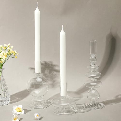 Rtteri 3 portavelas de cristal, portavelas cónicos de vidrio, candelabros de vidrio ondulado, elegantes jarrones de vidrio para centro de mesa de fiesta en el hogar (transparente)