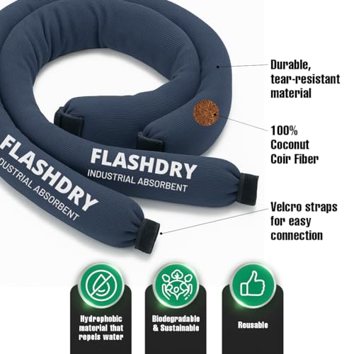 Image of FlashDry Absorbent Socks with Coir 5 Ft - Heavy-Duty Spill Containment & Leak Control for Hydrocarbons and Machine Fluids - Customizable with Velcro Ends, Reusable for Industrial & Home Use