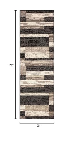 Superior Indoor Runner Rug, Foam Backed, Modern Geometric Patchwork Floor Decor for Bedroom, Office, Living Room, Entryway, Hardwood Floors, Rockwood Collection, 2' 7" x 6', Chocolate - Thumbnail 2