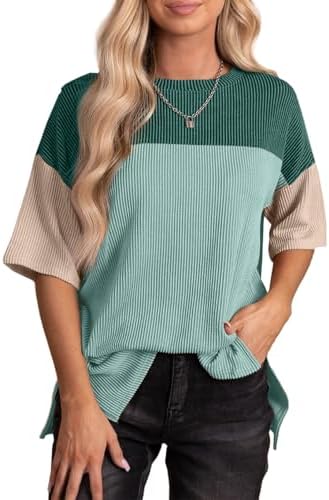 EVALESS Womens Summer Short Sleeve Crewneck Shirts Tops 2024 Fashion Color Block Casual Tunic Top