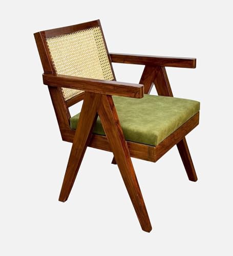 Image of Sainistree Furniture Solid Sheesham Wood Rattan Armchair - Teak Brown Cane Back Chair with Green Upholstery - Elegant Wooden Chair for Living Room, Bedroom, Dining, Indoor & Outdoor Furniture