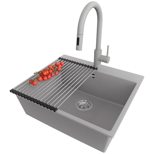 PRIMAGRAN Fregadero Granito Gris 58x50cm, Cocina 1 Seno + Grifo 40x20cm + Sifón + Enrollable Escurridor, Sobre encimera al mueble 60cm - Riga