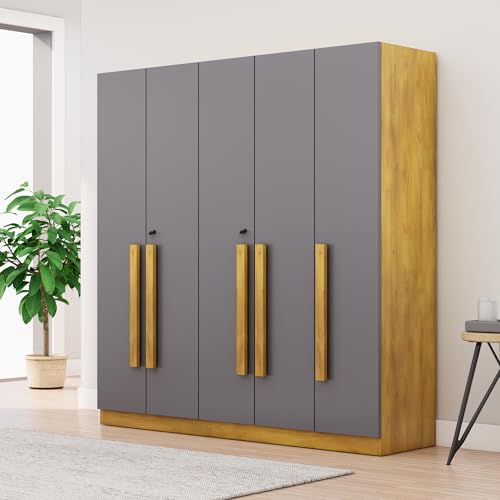 Image of Bniture 5 Door Wardrobe for Bedroom with Lockable Door & Hanging Space | Almirah for Clothes with Elevated Bottom Base | Wardrobe for Storage | 3 Years Warranty (Giant Wood & Slate Grey, 5 Door)
