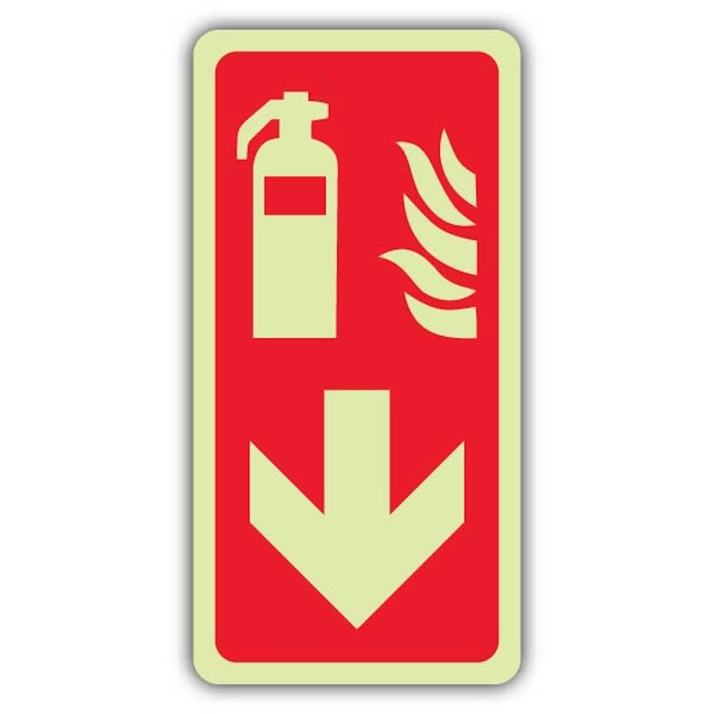 V Safety Photoluminescent Fire Extinguisher Symbol Arrow Down Safety Sign - 150 x 300 mm - 1.2mm Rigid Plastic - Standard Glow