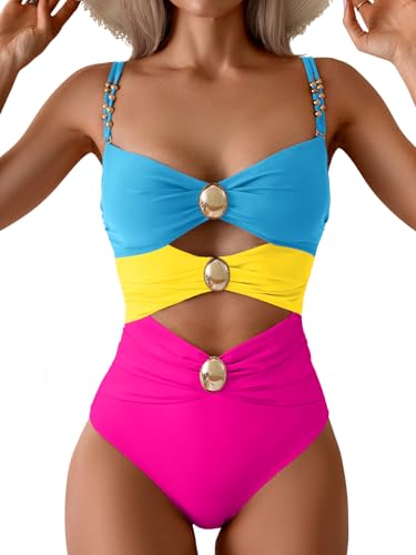 Image of B2prity Cutout One Piece Swimsuit Tummy Control Ruched Monokini Color Block Bathing Suit for Cruise Vacation