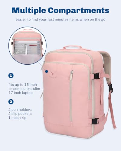 Image of Hynes Eagle Carry on Backpack 38L Large Travel Backpack for Women Flight Approved Weekender Bag Laptop Backpack Men 15 inches Light Pink
