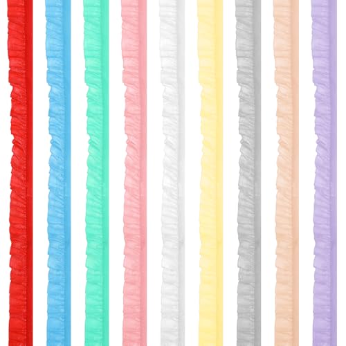 9Pcs Elastic Ruffle Ribbon Lace Trim Stretch Ruffle Pleated Trim for Sewing Assortment Organza Lace 39.4 * 0.6in Wide Narrow Ruffles Edge Laces Ribbon for Clothes Decoration Sewing Craft Supply