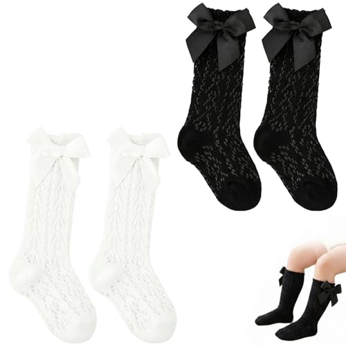 LYQNIHOB 2Paires Chaussettes Hautes Pour Bébé Fille, Chaussettes à nœud en Dentelle pour Bébé, Chaussettes antidérapantes en coton avec nœud papillon,Convient aux enfants âgés de 1 à 3 ans(Blanc+Noir)